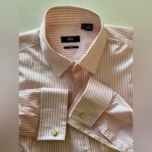 Hugo Boss - Pink/ white stripe dress shirt w/french cuffs Size 41 (16”neck)